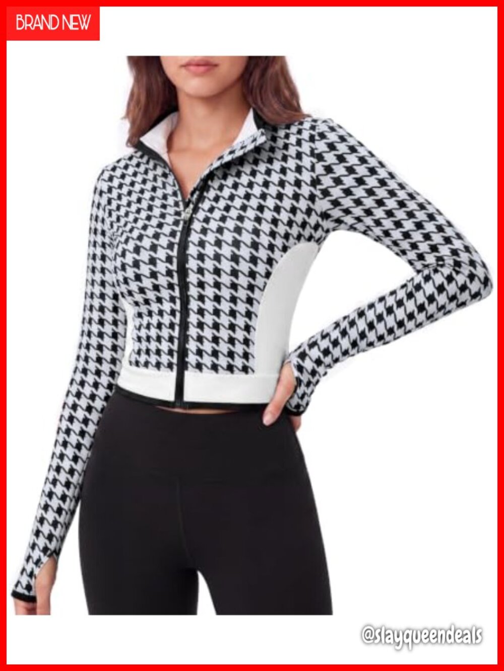 Houndstooth Cropped Zip-Up Athletic Jacket Thumb Holes